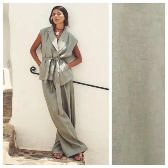 NWT ZARA Green Linen Tie Belt Vest Waistcoat M - Picture 5 of 14